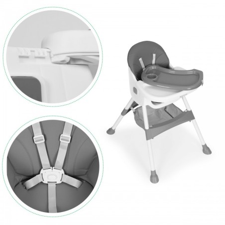 Lapse söögitool kandiku ja korviga, 5-punkti traksid, hall