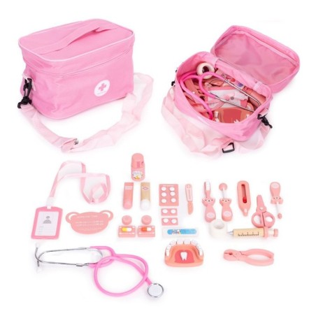 Puidust väike arstikomplekt meditsiinikott lastele 24-osaline