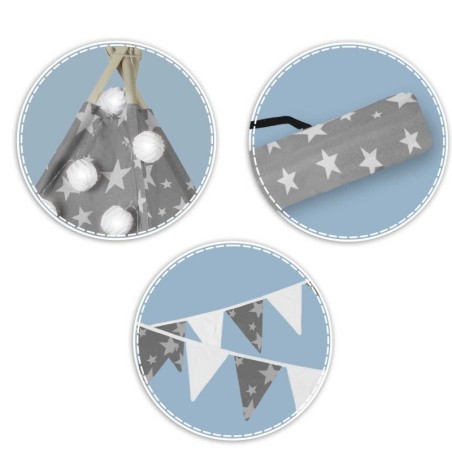 Tipi telk lastele vaniku ja tuledega - hall tähtedega