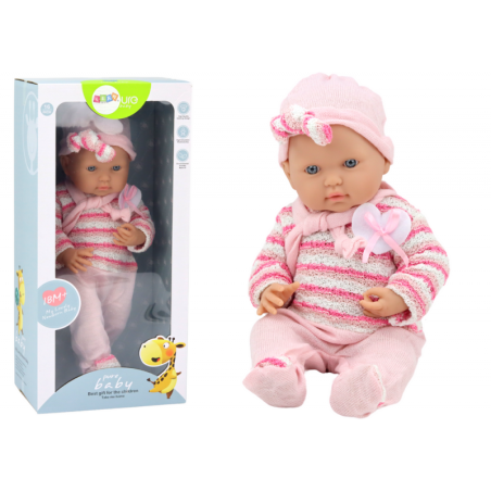 Beebinukk, triibuline kampsun, müts, sall, roosa