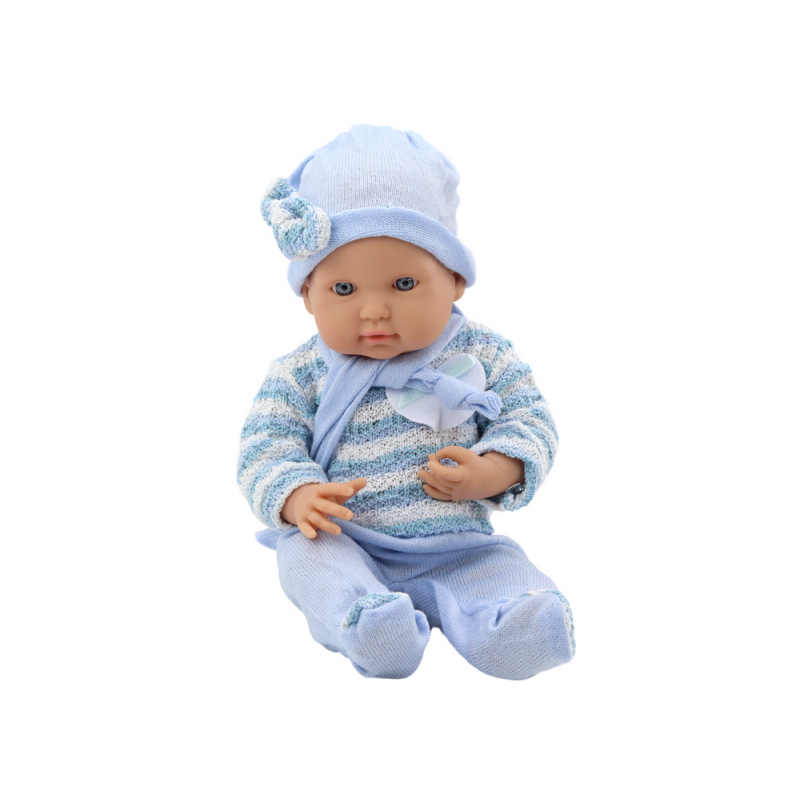 Beebinukk, triibuline kampsun, müts, sinine sall