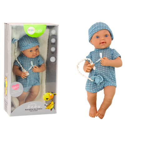 Sinistes riietes beebinukk, müts, lutt ja tekk