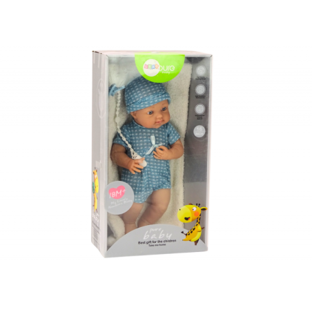 Sinistes riietes beebinukk, müts, lutt ja tekk