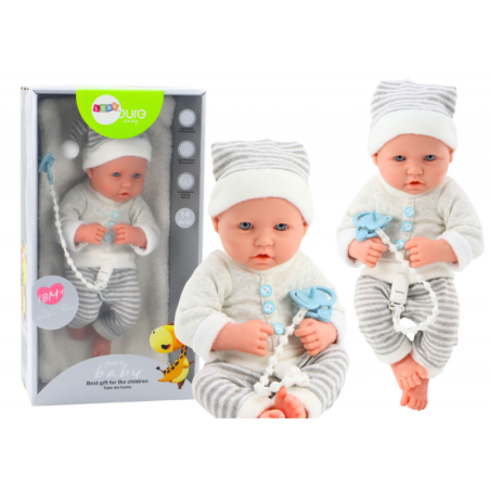 Valge ja halli triibulistes riietes beebinukk, müts, lutt, tekk