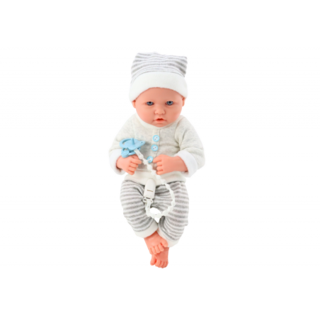 Valge ja halli triibulistes riietes beebinukk, müts, lutt, tekk