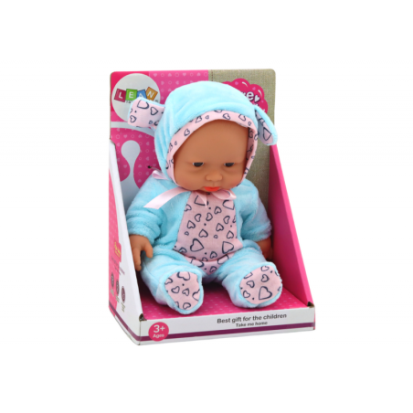 Väike beebinukk, riided, müts, vibu, kõrvad, sinine