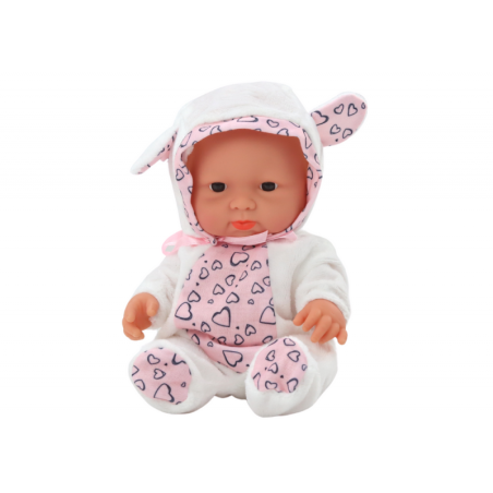 Väike beebinukk, valged riided, müts, vibu, kõrvad