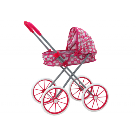 Nukukäru suurte ratastega kokkupandavad roosad südamed