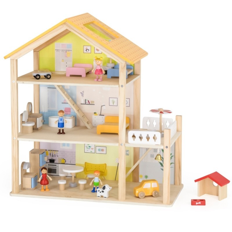 Puidust nukumaja komplekt nukkude ja tarvikutega