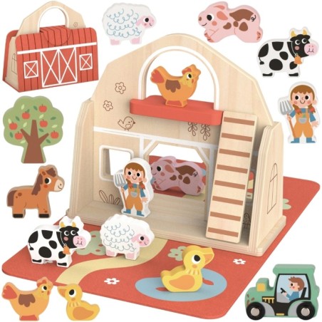 Puidust kokkupandav talu kohvris loomadega