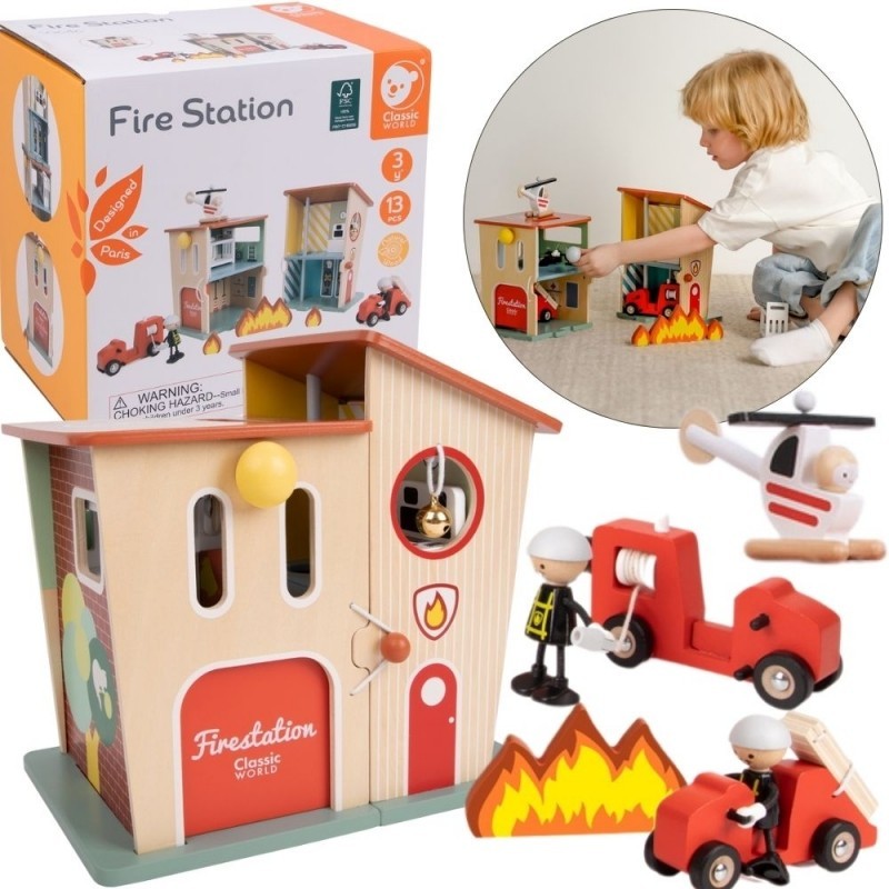 Puidust tuletõrjedepoo garaaži auto-helikopteri figuurid 13 osa