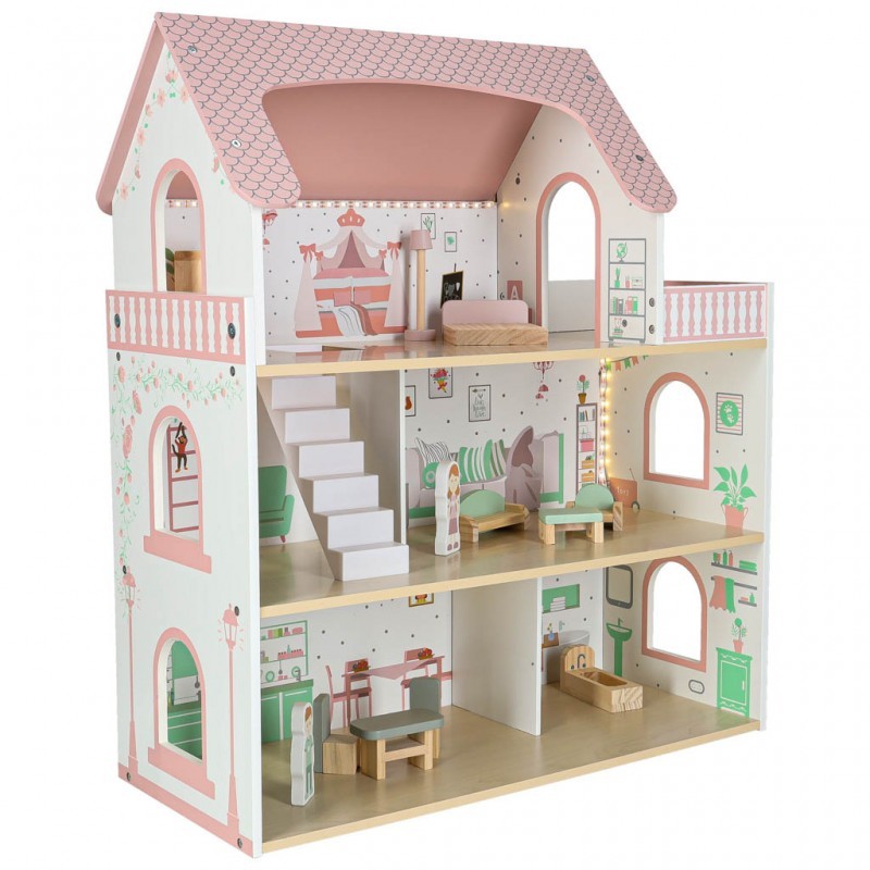 Puidust nukumaja LED tuledega 70 cm roosa