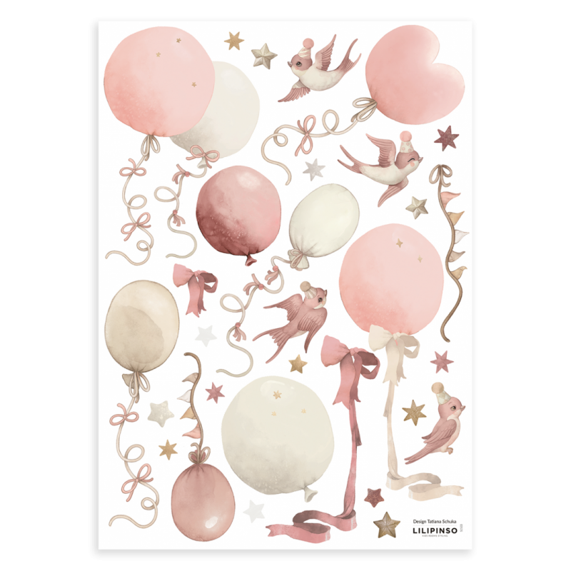 Seinakleebised SELENE A3, õhupallid ja tuulelohed roosa