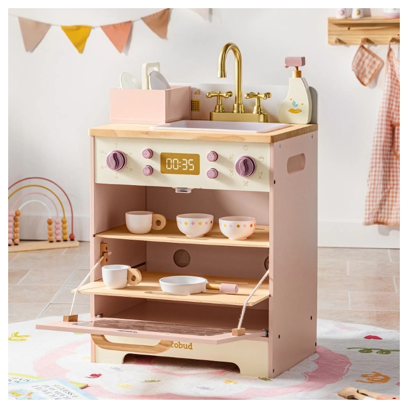 Puidust laste mängu nõudepesumasin kraaniga, roosa