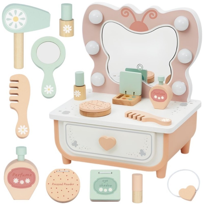 Puidust liblikapeegel, LED-valgustusega, meigilaua aksessuaarid + kosmeetika