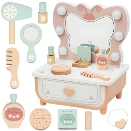 Puidust liblikapeegel, LED-valgustusega, meigilaua aksessuaarid + kosmeetika