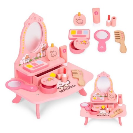 Puidust laste tualettlaud peegli ja sahtliga 7 aksessuaari