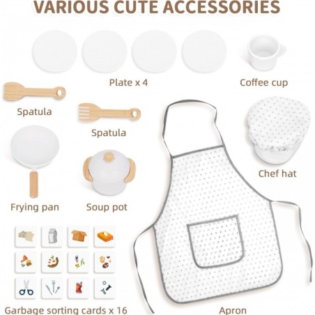 Puidust mänguköök 9in1, valge, kodumasinad, akssesuaarid, kaart, tahvel