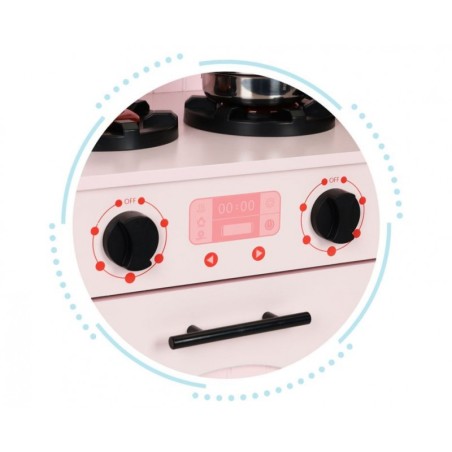 Puidust köök lastele, ahju, mikrolaineahju ja aksessuaaridega, roosa