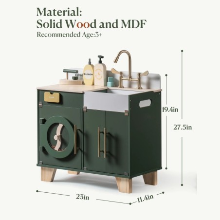 Puidust laste mängu pesumasin pesupesemise komplekt Vintage Green