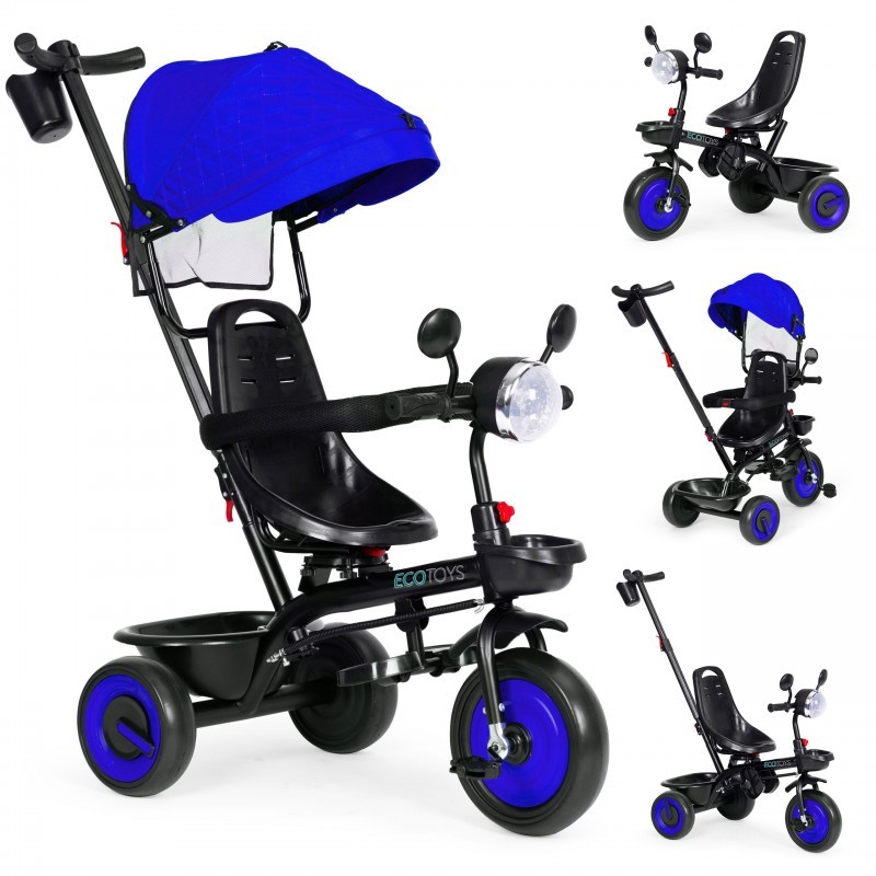 Kolm-ühes kolmerattaline jalutuskäru lastele pööratava istmega, varikatusega, sinine