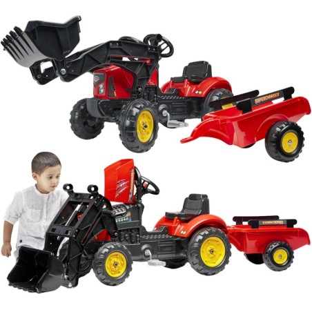 FALK Supercharger Traktor punane avatav kapott koos haagise + kopaga alates 2 aastast
