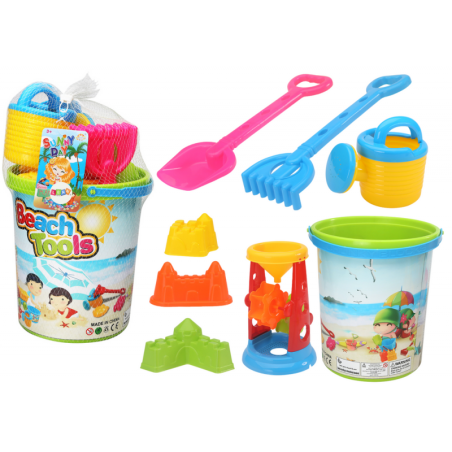 Liivamänguasjade komplekt, ämber, veski, kastekann, värvilised vormid