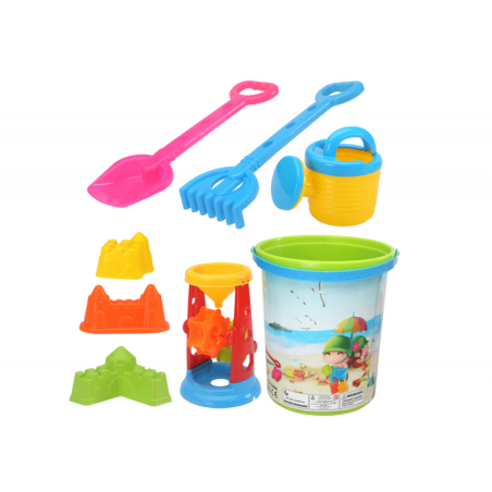 Liivamänguasjade komplekt, ämber, veski, kastekann, värvilised vormid