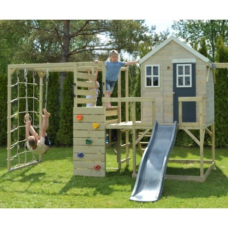 Mängumaja mänguväljak M28-GK hall koos platvormi, liumäe ja kahe kiigu ning ronimismooduli ja mänguköögiga