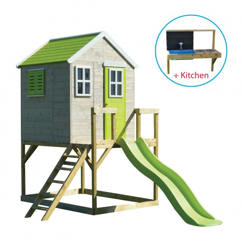 Mängumaja mänguväljak M22L roheline (moodul mängumaja+platvorm+liumägi) + väliköök