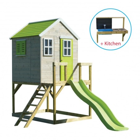 Mängumaja mänguväljak M22L roheline (moodul mängumaja+platvorm+liumägi) + väliköök