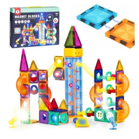 Magnetilised ehitusklotsid, helendavad, pallirada, 134 osa, magnetklotsid