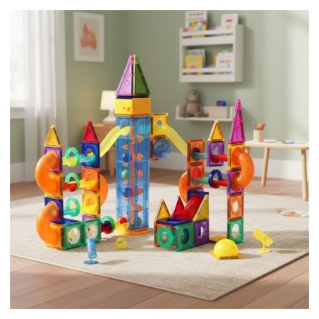 Magnetilised ehitusklotsid, helendavad, pallirada, 134 osa, magnetklotsid