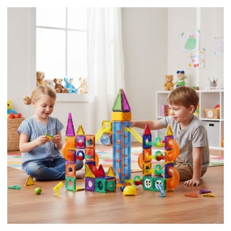 Magnetilised ehitusklotsid, helendavad, pallirada, 134 osa, magnetklotsid