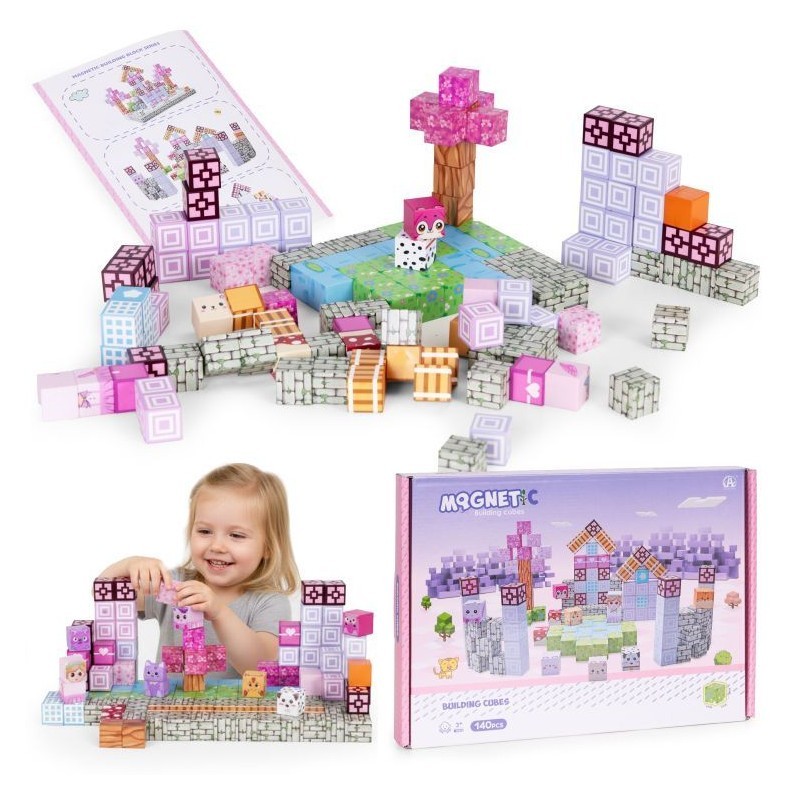 Magnetiliste ehitusklotside (2x2 cm) komplekt lastele 140 osaga, magnetkuubikud, roosa