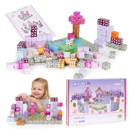 Magnetiliste ehitusklotside (2x2 cm) komplekt lastele 140 osaga, magnetkuubikud, roosa