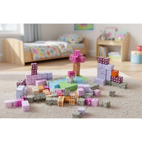 Magnetiliste ehitusklotside (2x2 cm) komplekt lastele 140 osaga, magnetkuubikud, roosa