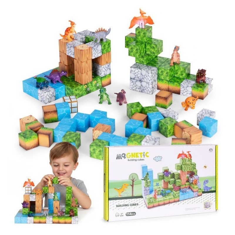 Magnetiliste ehitusklotside (2,5x2,5 cm) komplekt lastele 114 osa - dinosaurused, magnetkuubikud