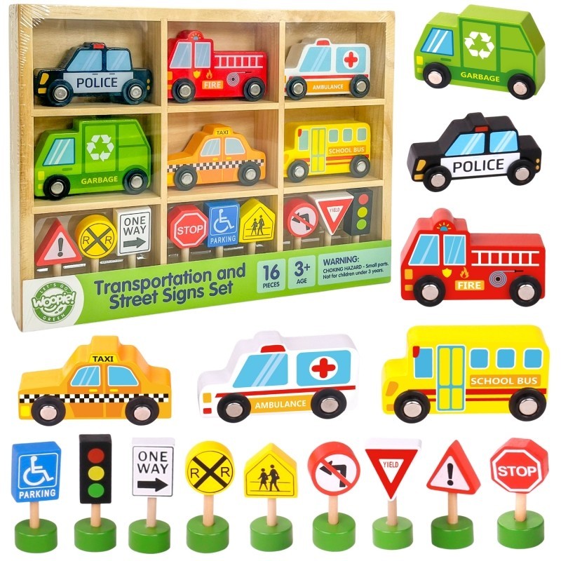 Puidust sõidukite ja liiklusmärkide komplekt 15 tk.