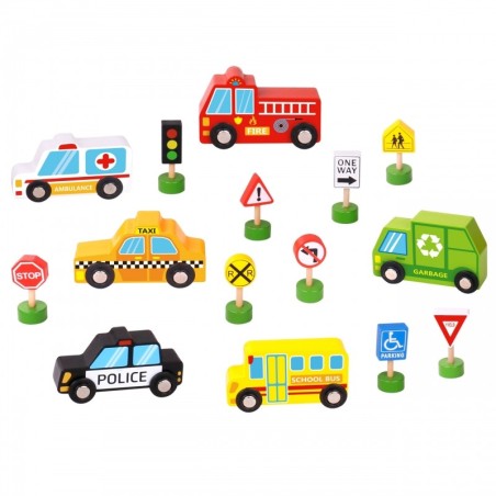 Puidust sõidukite ja liiklusmärkide komplekt 15 tk.