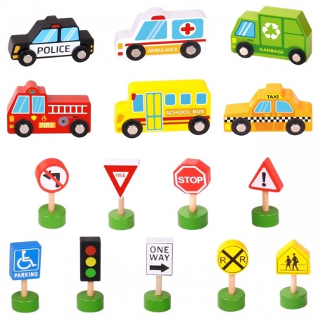 Puidust sõidukite ja liiklusmärkide komplekt 15 tk.