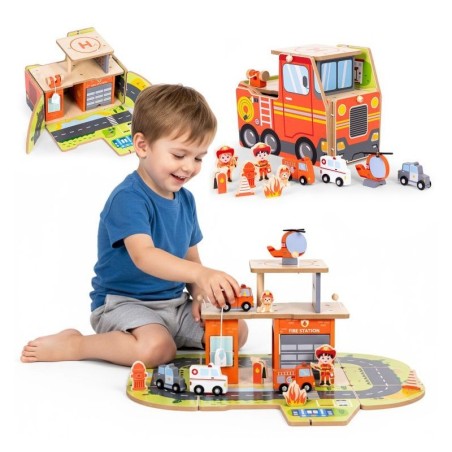 Puidust garaažist tuletõrjekomplekt 2in2 - tuletõrjejaam ja veoauto, 2 korrust, figuurid, sõidukid