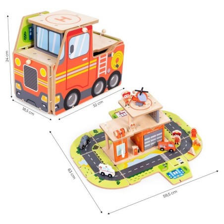 Puidust garaažist tuletõrjekomplekt 2in2 - tuletõrjejaam ja veoauto, 2 korrust, figuurid, sõidukid