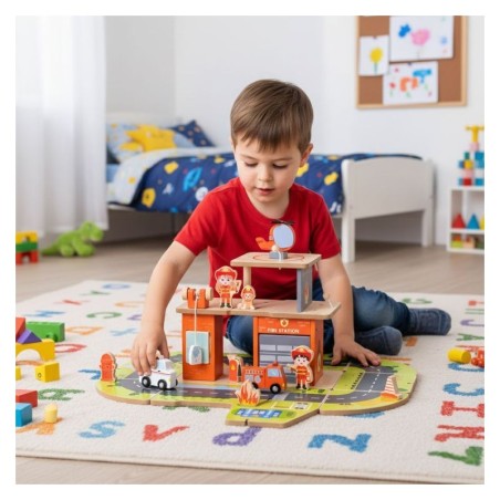Puidust garaažist tuletõrjekomplekt 2in2 - tuletõrjejaam ja veoauto, 2 korrust, figuurid, sõidukid
