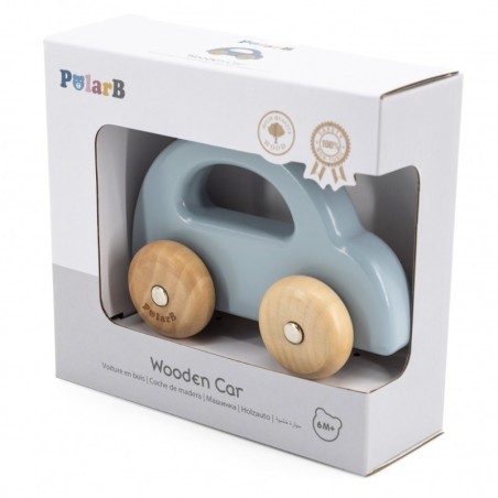 Puidust ratastel auto, sinine