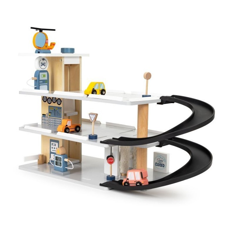 Suur puidust garaaž, parkla liftiga, autod, helikopter, autopesula