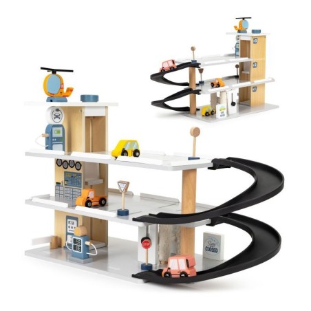 Suur puidust garaaž, parkla liftiga, autod, helikopter, autopesula