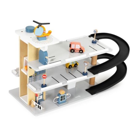 Suur puidust garaaž, parkla liftiga, autod, helikopter, autopesula