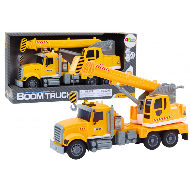 Kollane veoauto kraana hõõrdeajamiga valguse ja heliefektidega