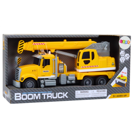 Kollane veoauto kraana hõõrdeajamiga valguse ja heliefektidega